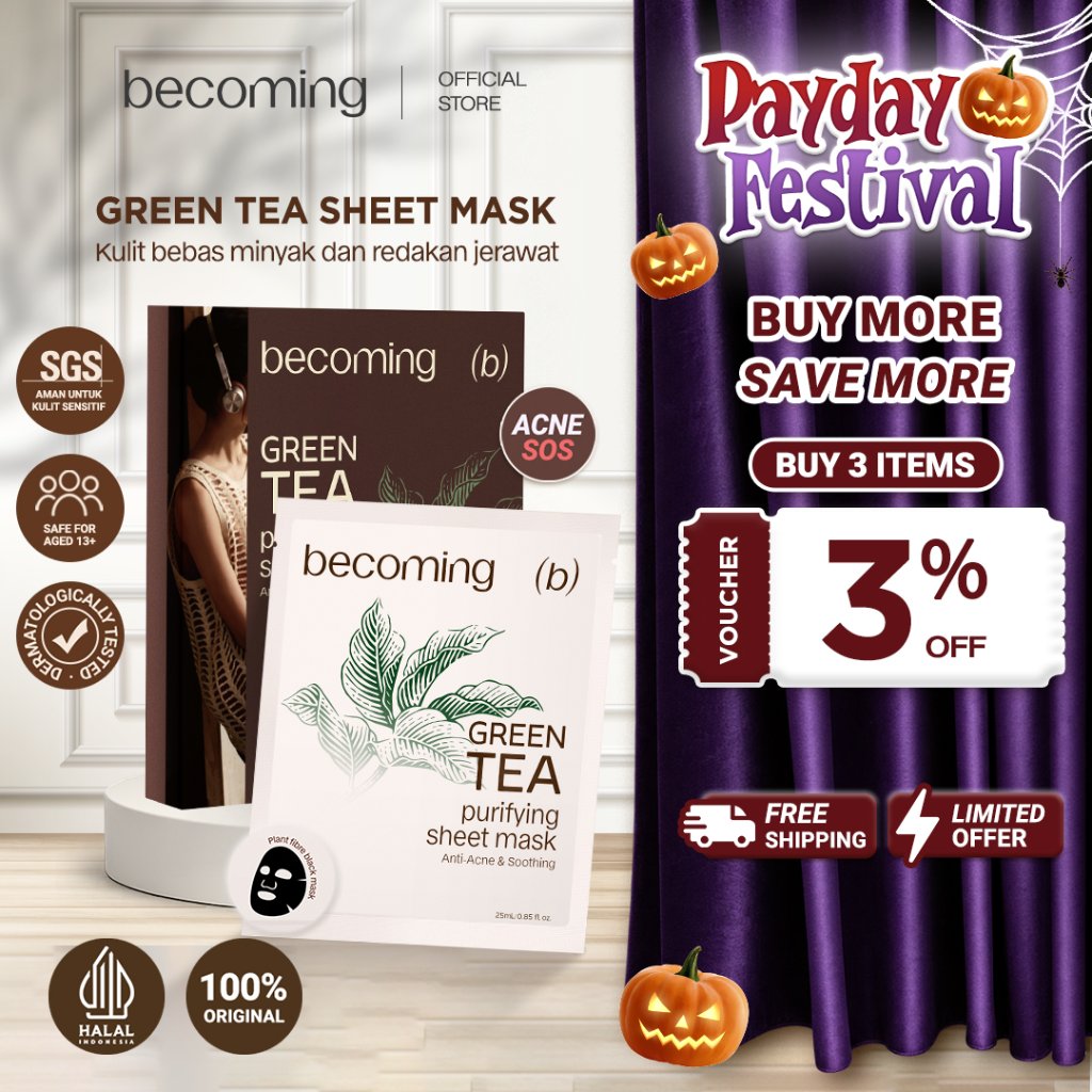 [1 BOX] becoming Green Tea Purifying Sheet Mask 25ml | Masker B5 | Anti Acne & Soothing | Menenangka