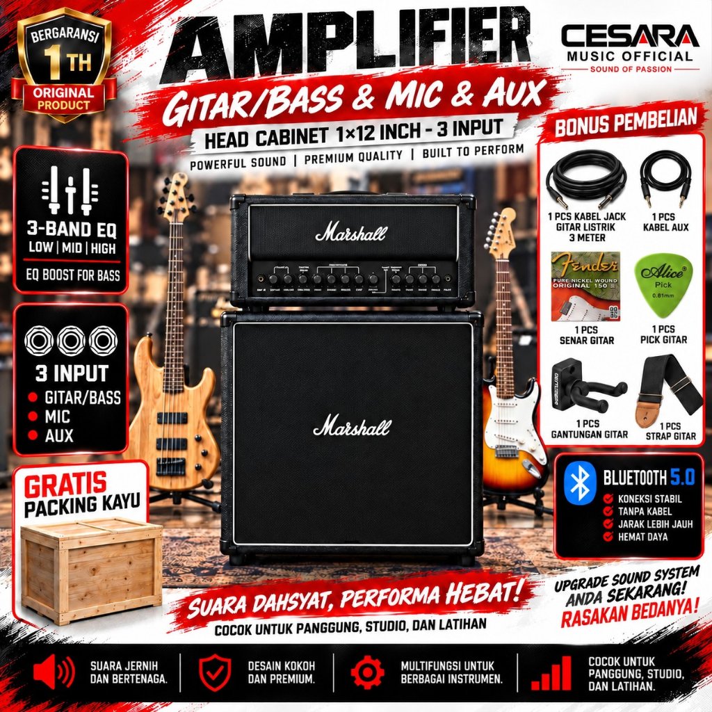 Ampli Gitar & Bass 12 Inch Bluetooth bisa untuk karaoke Marshall 3 Input Head Cabinet Bergaransi