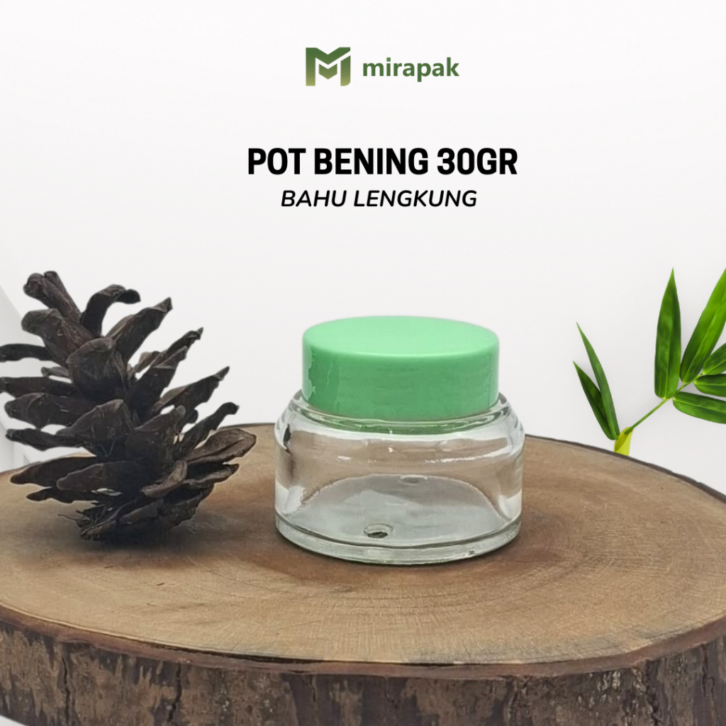 POT KRIM LENGKUNG 30GR BENING CLEAR KACA TEBAL - TUTUP HIJAU - JAR KRIM WADAH CREAM  SKINCARE KOSMET