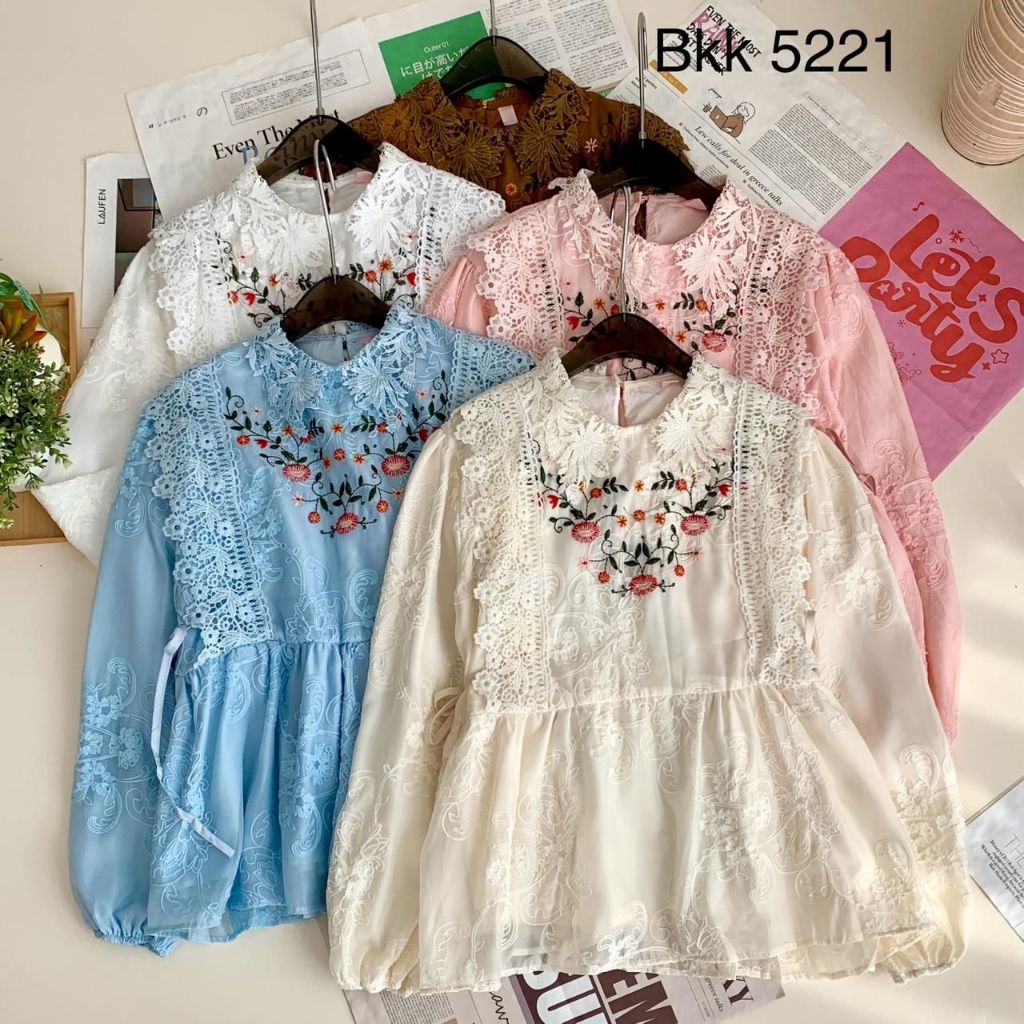 Blouse Katun Organdi Premium Import BKK 5221 Bordir Bunga Full Furing – Atasan Wanita Korean Style A