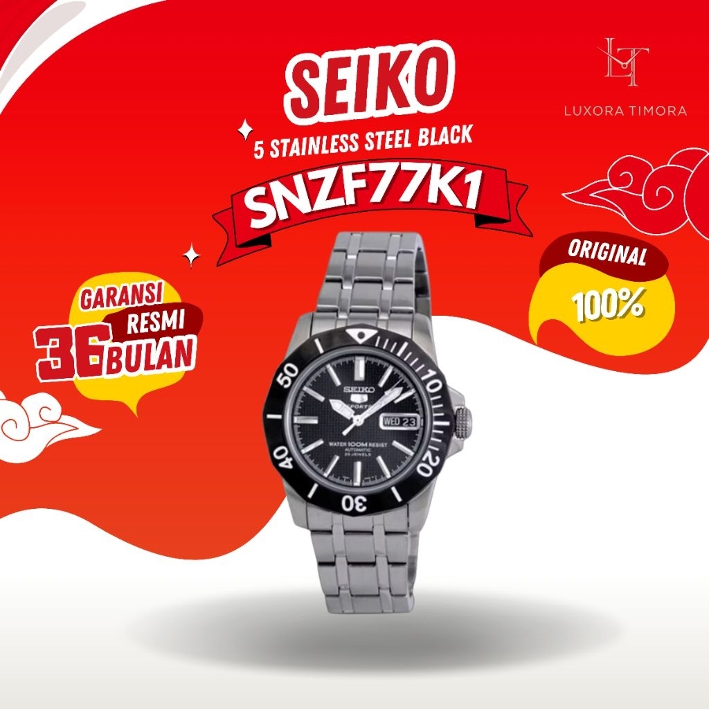 Jam Tangan  Seiko 5 Original Sports SNZF77K1 Stainless Steel Black Bezel