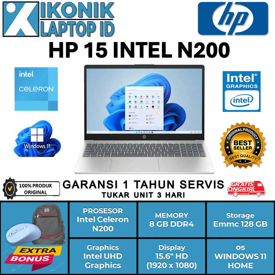 Laptop Baru Tipis HP 15 Intel N200 Ram 8 GB Display 15" HD Window 11 Home Original
