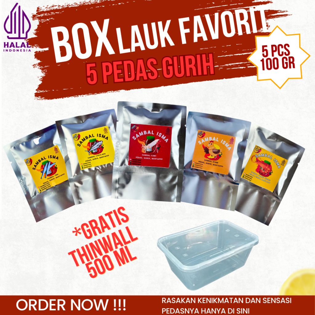 

BOX PAKET 5 SAMBAL GURIH FAVOURITE PASTI KETAGIHAN ISI 100 GR CUMI AYAM TONGKOL UDANG TERI