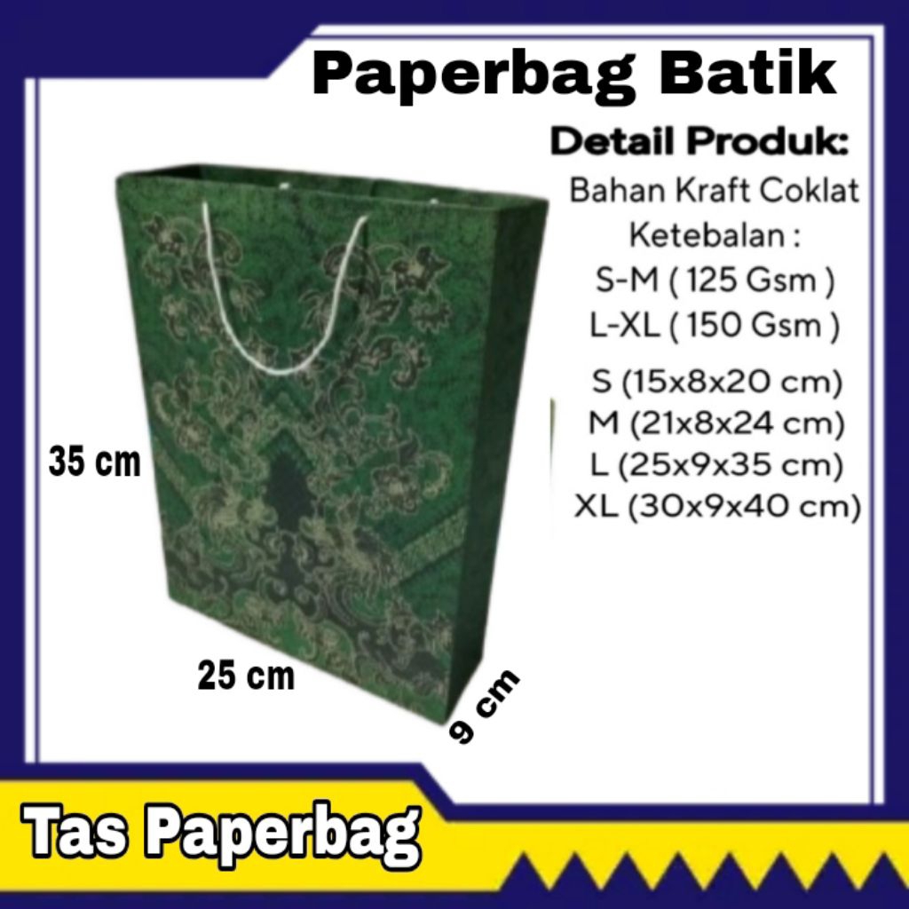 Grosir/ecer Tas Kertas Paperbag Batik Hijau Ukuran L 25x35x9 cm Souvenir,Seminar,Taskado,Ulangtahun,