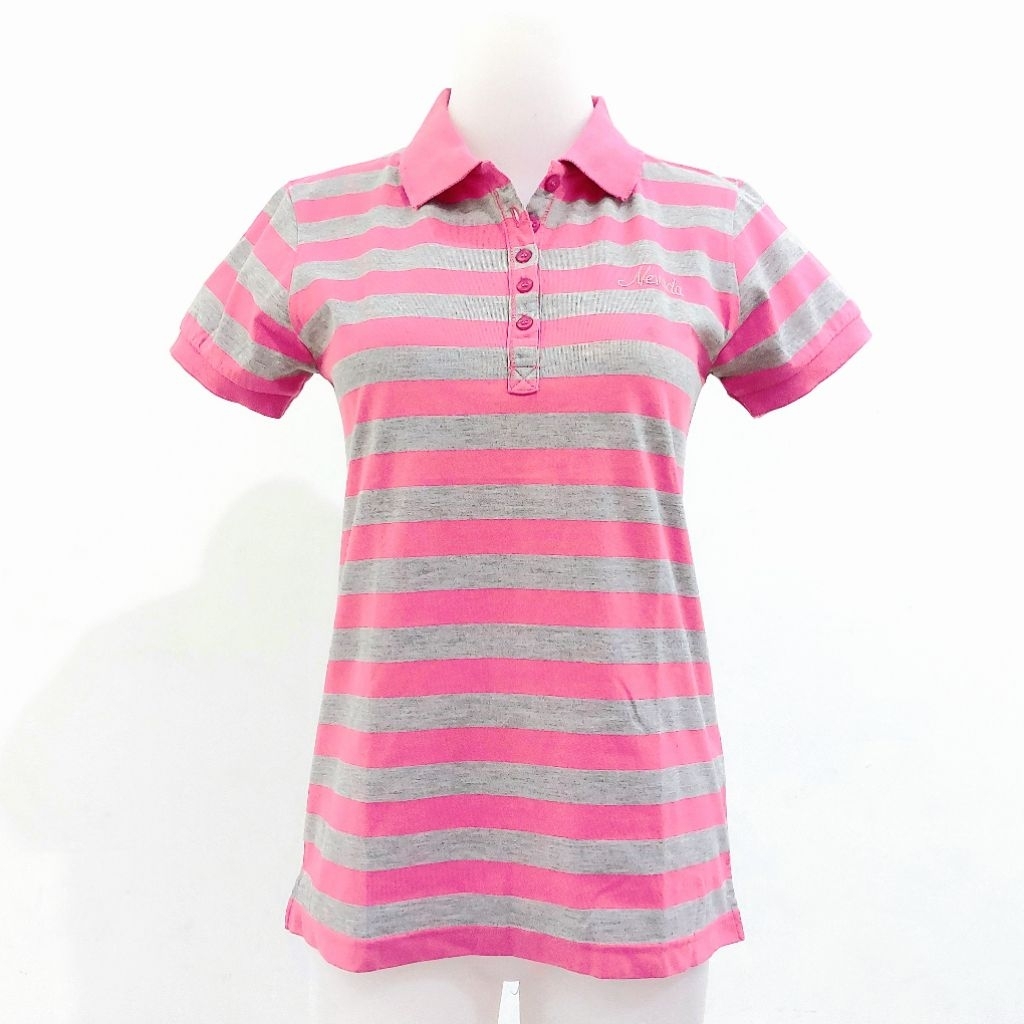 Atasan Kaos Polo Wanita Berkerah Stripe Pink Grey Merek Nevada Matahari Branded Preloved