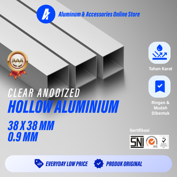 ALUTERRA Aluminium Hollow Panjang 100 cm | 38 x 38 mm | 0,9 mm Alcomexindo Ekstrusi Hollow