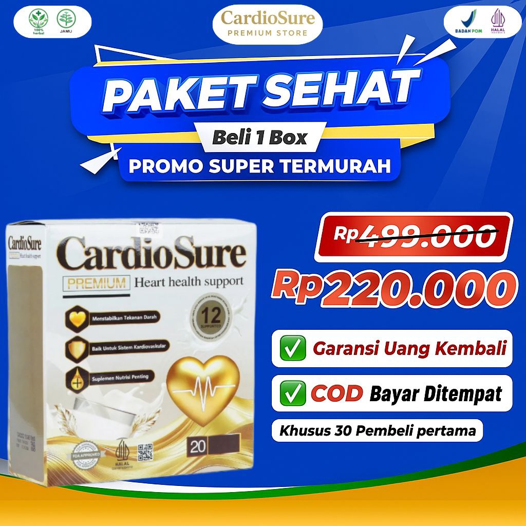 

Paket Hemat 1 Box Cardiosure Premium ® Susu Kesehatan Hipertensi Jantung Kolestrol Asam Urat