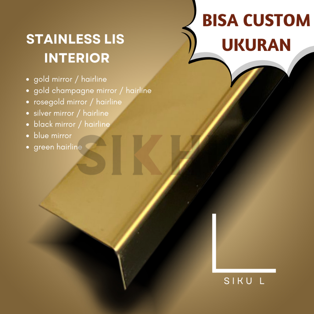 LIST SIKU L GOLD MIRROR / HAIRLINE TEBAL 0.8MM PANJANG 3 METER STAINLESS SS 201 | KANAL L GOLD | LIS
