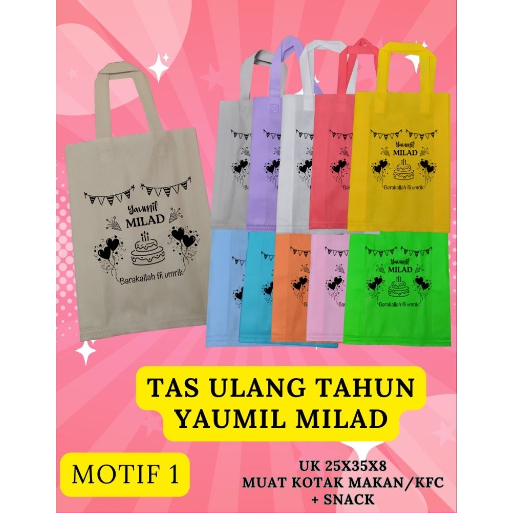 

(harga 1pcs)tas ulang tahun sablon 25x35x8cm,tas yaumil milad ,, SESUAI GAMBAR SAJA,tas Spunbond Custom,Tas Kain Belanja Sablon,Tas Souvenir,Tas promosi Toko,Tas souvenir Pernikahan, Tas Seminar,Tas Partai,Tas Hajatan, tas promosi,Tas Kado,tas hajatan