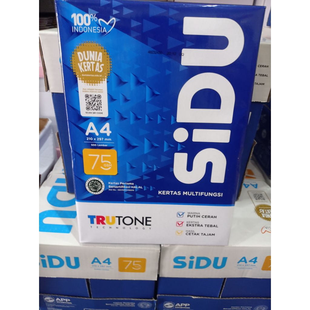 

kertas HVS merek sidu 75gsm ukuran A4 dan F4 isi 500lbr