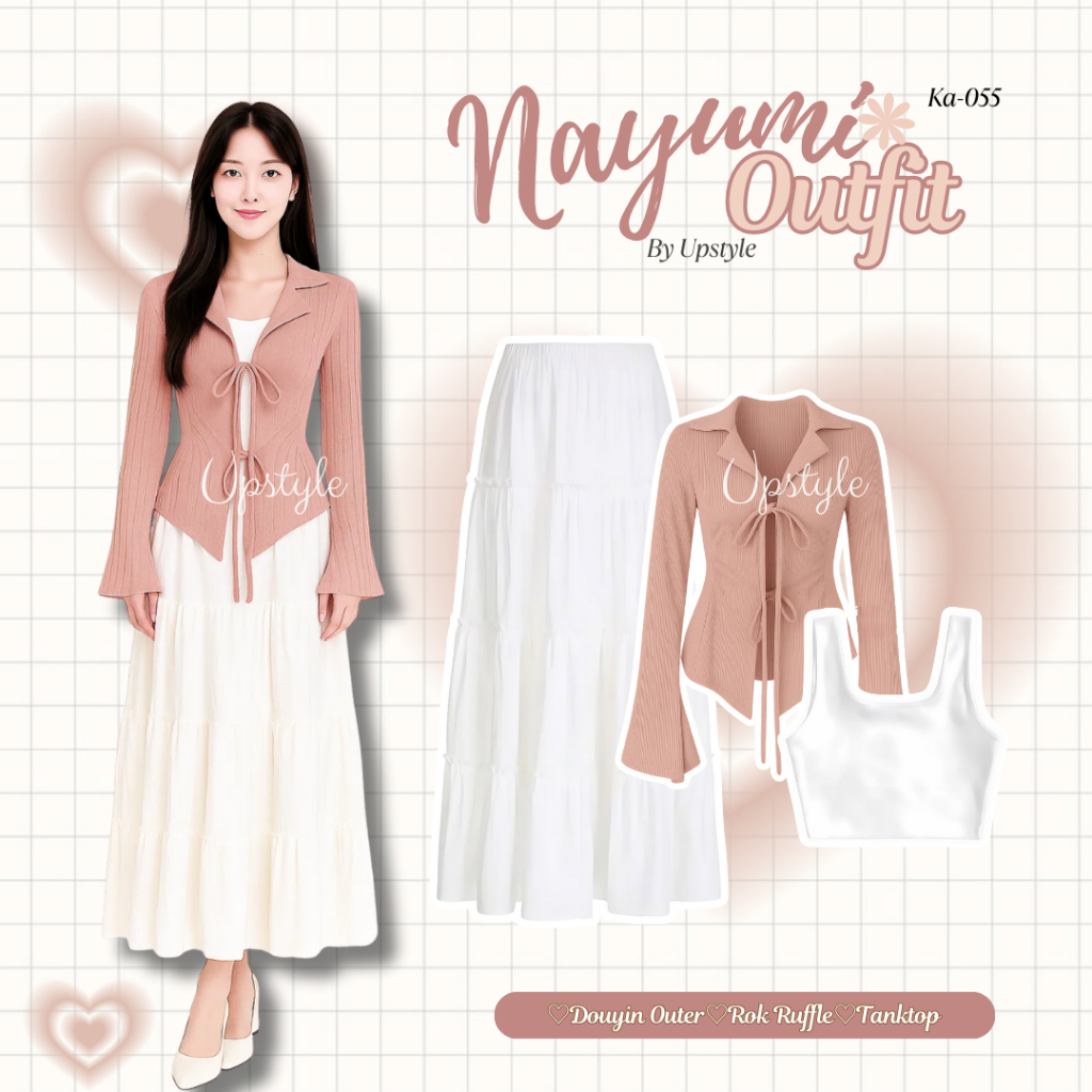 Upstyle - Nayumi Outfit 3in1 Korean Style Wanita kekinian Douyin Style ( Douyin Outer + Rok Ruffle +