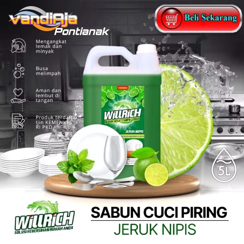 sabun cuci piring lemon apel/ jeruk nipis/ 5 liter/willrich pontianak/dishwash/sabun cuci piring jer