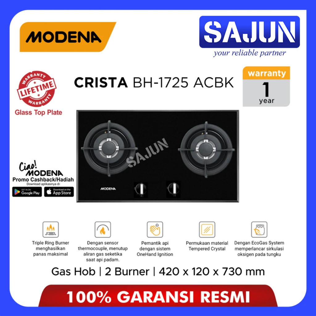 Modena Kompor Tanam BH 1725 ACBK / BH1725ACBK 70cm 2 tungku