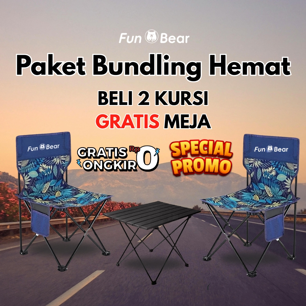 Paket Bundling Hemat Fun Bear | Beli 2 Kursi Outdoor 2XL Gratis Meja Lipat Trail XL | Set Meja Besi 