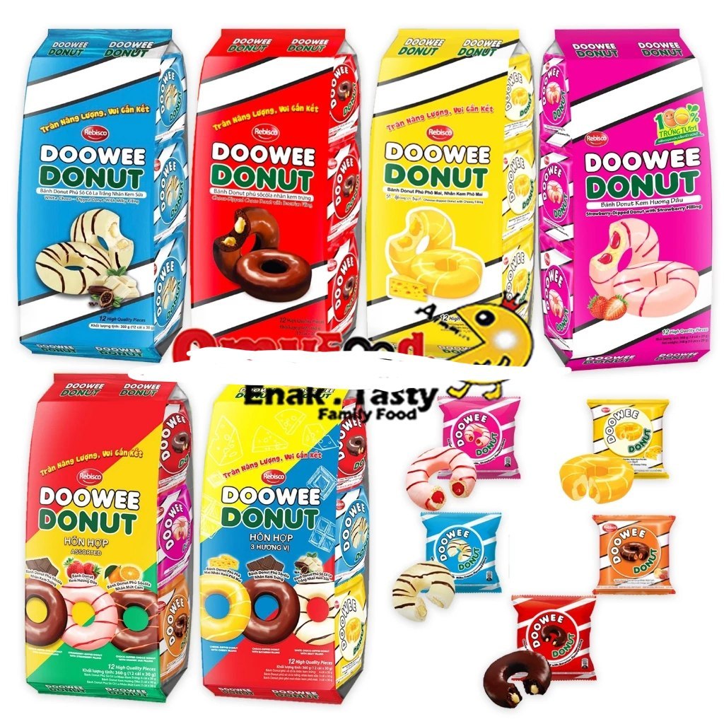 

DOOWEE DONUT ASSORTED WHITE COKLAT PACK ISI 12BKS DONUT LEMBUT HALAL