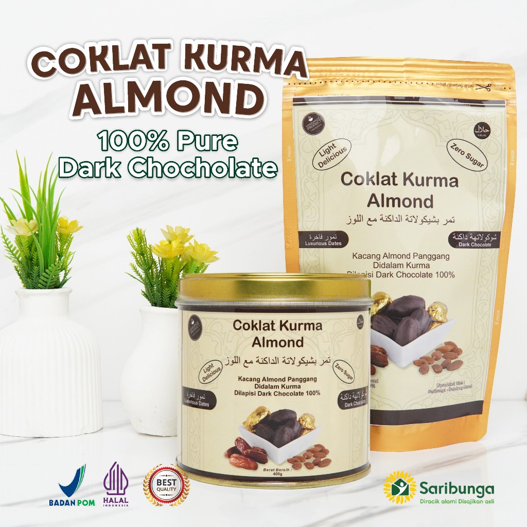 

COKLAT KURMA ALMOND Kualitas Premium Grade A+ 100% Zero Sugar Chocolate - 100% Dark Chocolate Pure