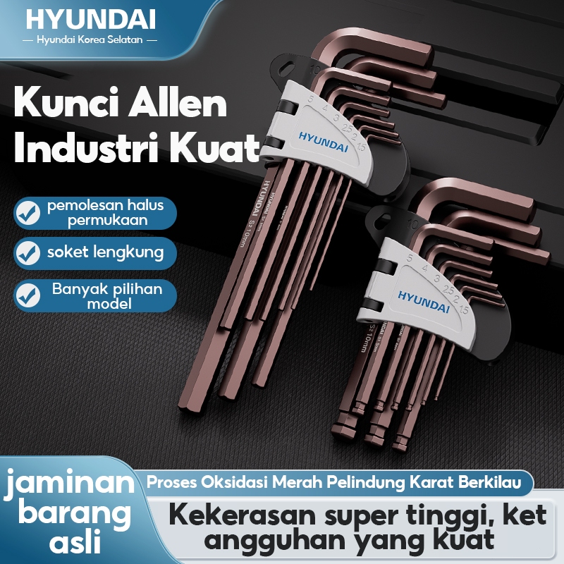 HYUNDAI Kunci L Bintang Baja Cr-V 9 PCS Flat End Hex Key Kunci Sepeda Set 16 in 1 Obeng Panjang Hex 