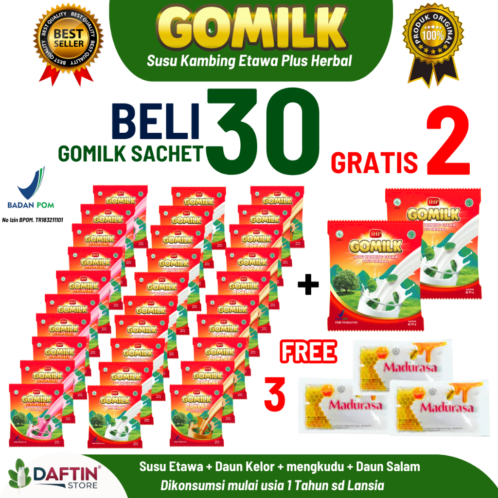 

GOMILK 32 Sachet - Susu Kambing Etawa Herbal | Semua Usia | Nafsu Makan Anak, Tulang, Kalsium Tinggi