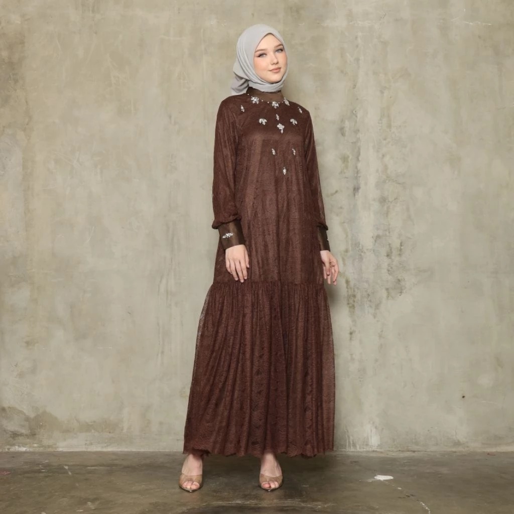 AZZURA DRESS FULL BRUKAT CHANTILY GAMIS KONDANGAN WANITA DRESS PESTA MUSLIM TERBARU