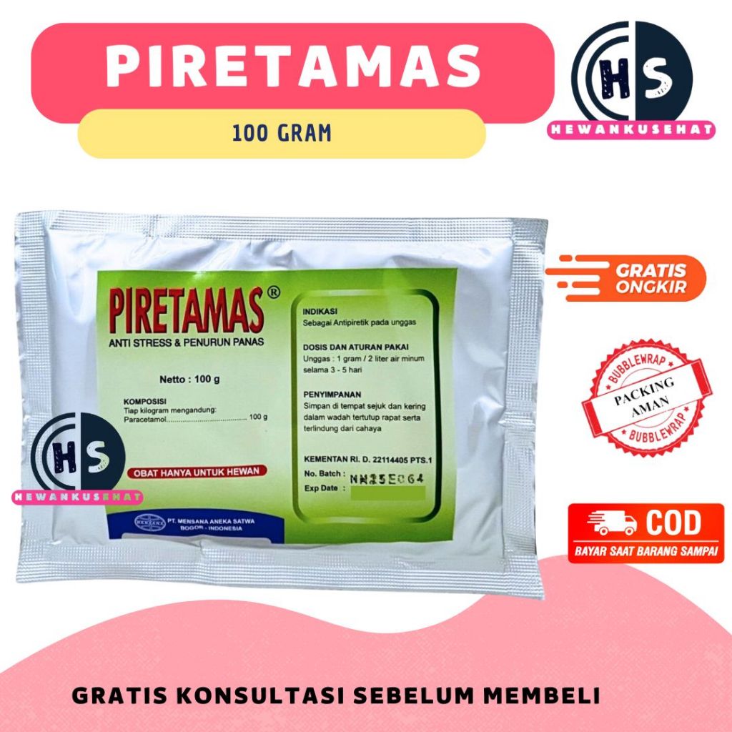 PIRETAMAS 100 GRAM – Mensana - Paracetamol Unggas Ayam Vitamin C Sorbitol Penurun Panas Gumboro CRD 