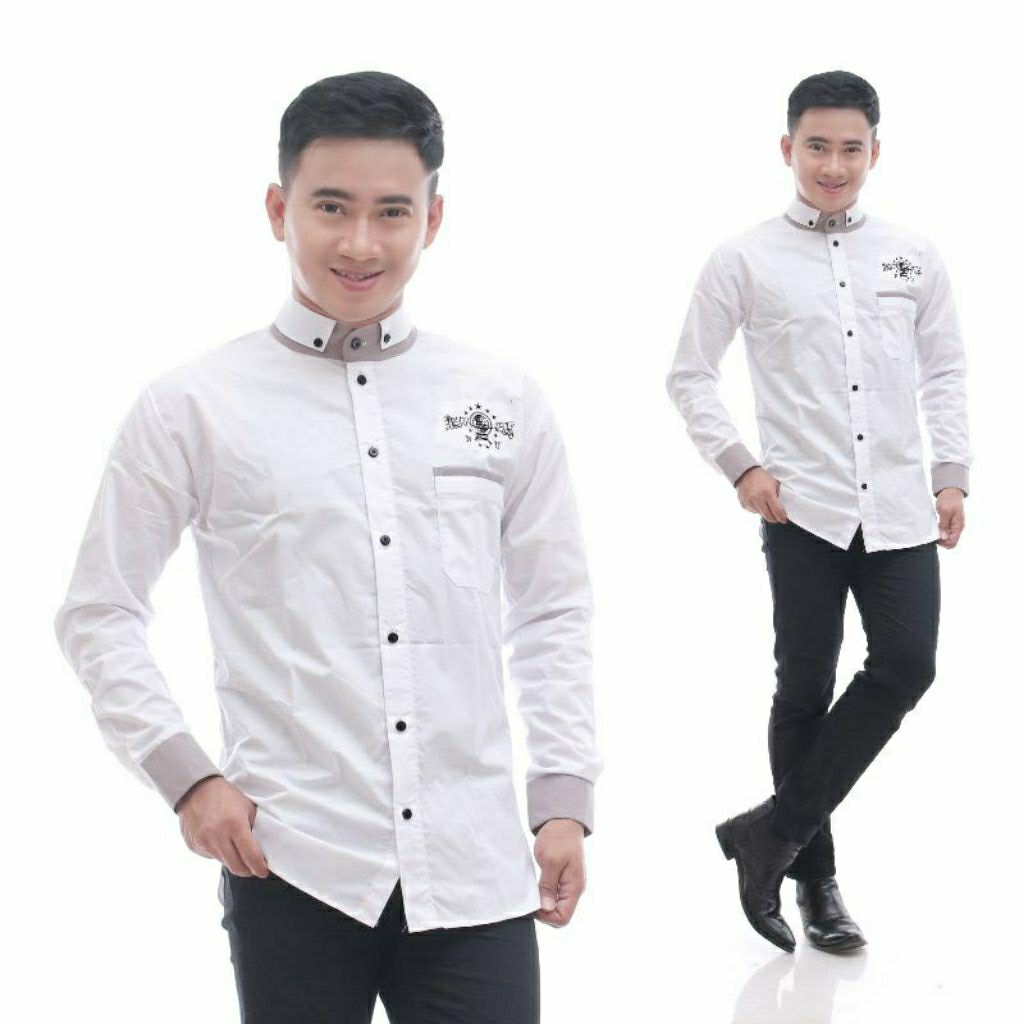 Kemeja Koko Pria Putih Kerah Double Baju Muslim NU Premium Lengan Panjang Elegan
