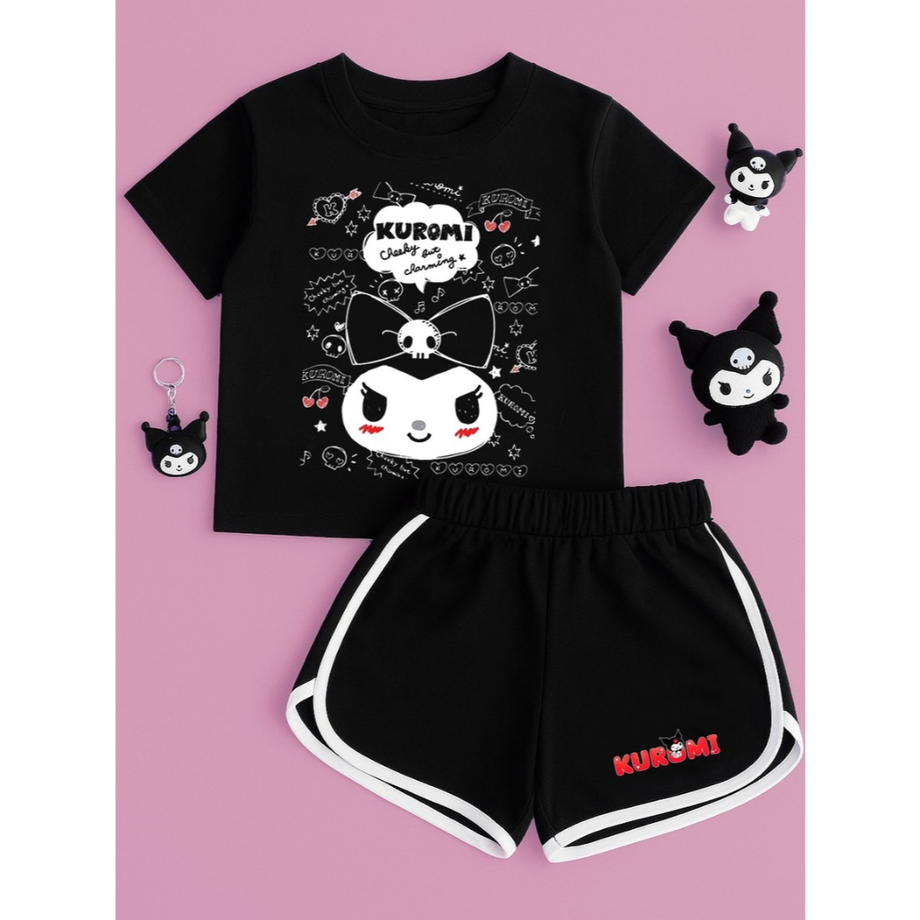 SETELAN / SET BAJU ANAK PEREMPUAN UMUR 9-10 TAHUN KUROMI HITAM