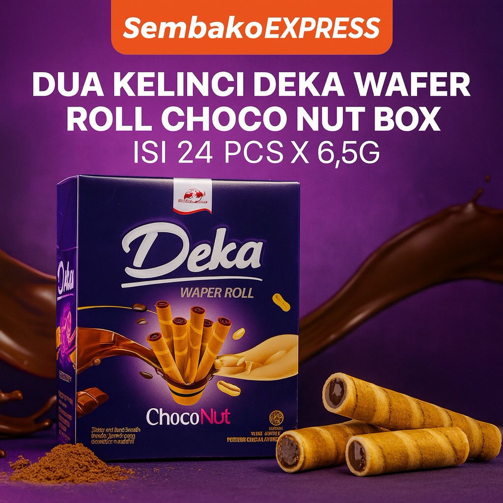 

Deka Wafer Roll Choco Nut Box 24pcs x 6.5g | Camilan Coklat Kacang Renyah