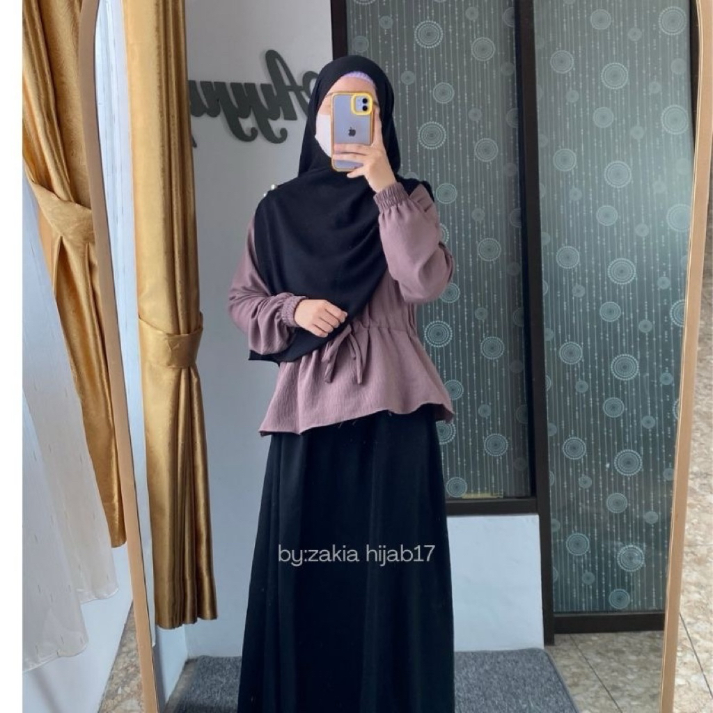 Baju Set Gamis Remaja Terbaru Cringkel Premium Zahra Dress Trend Kombinasi Warna Polos