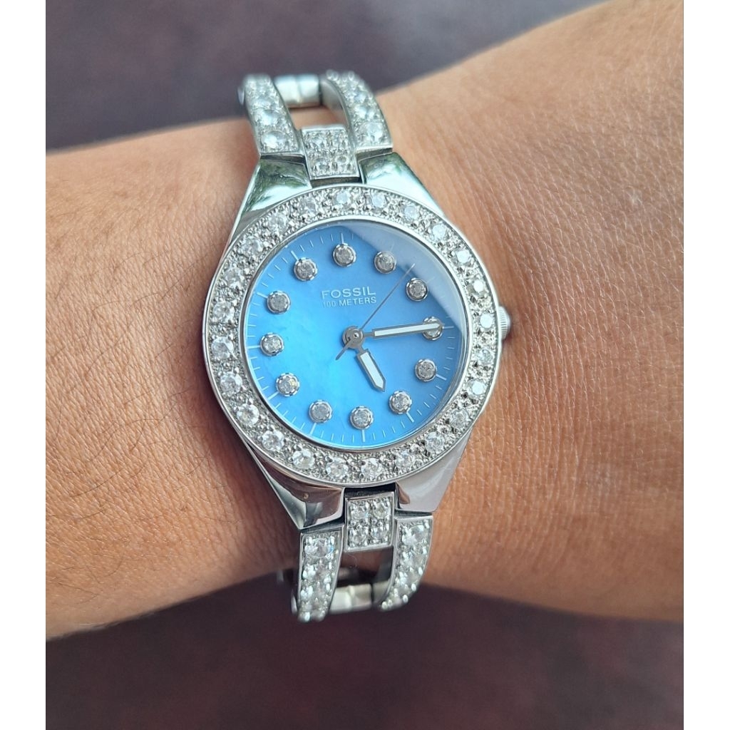 Jam Tangan Wanita Permata Cewek Silver Rantai Gelang Biru Prelove