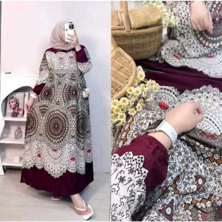 Midi Dress Rayon Diamond Premium Motif Bunga - Pita Kecil  Resleting Busui Lengan Balon