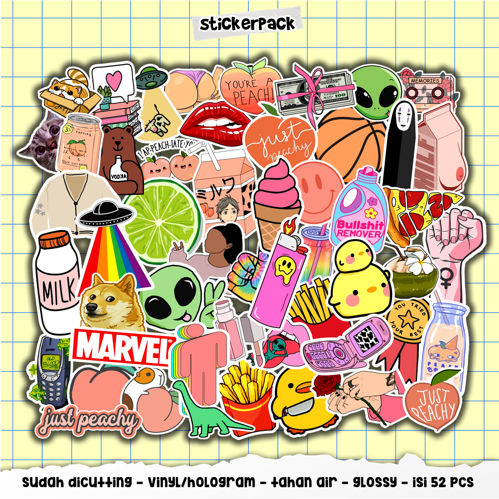

stickerpack aesthetic part 4, stiker aesthetic isi 52pcs, vinyl & hologram tahan air