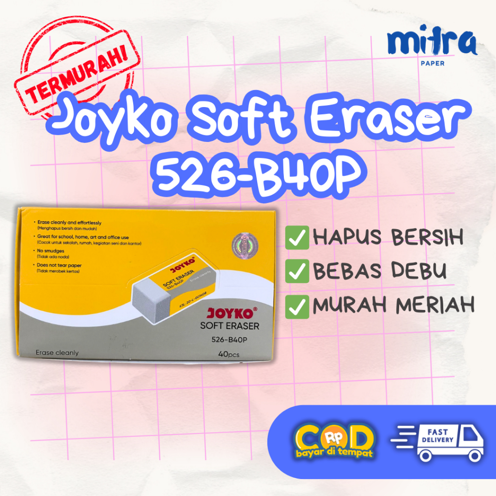 

Penghapus Joyko Soft Eraser 526 B40P – Box Isi 40 pcs | Penghapus Pensil Lembut Bersih