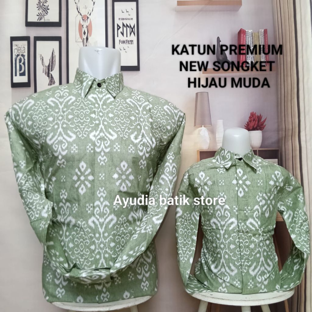 Batik hijau muda terlaris, Batik couple ayah dan anak bahan katun solo premium lengan panjang