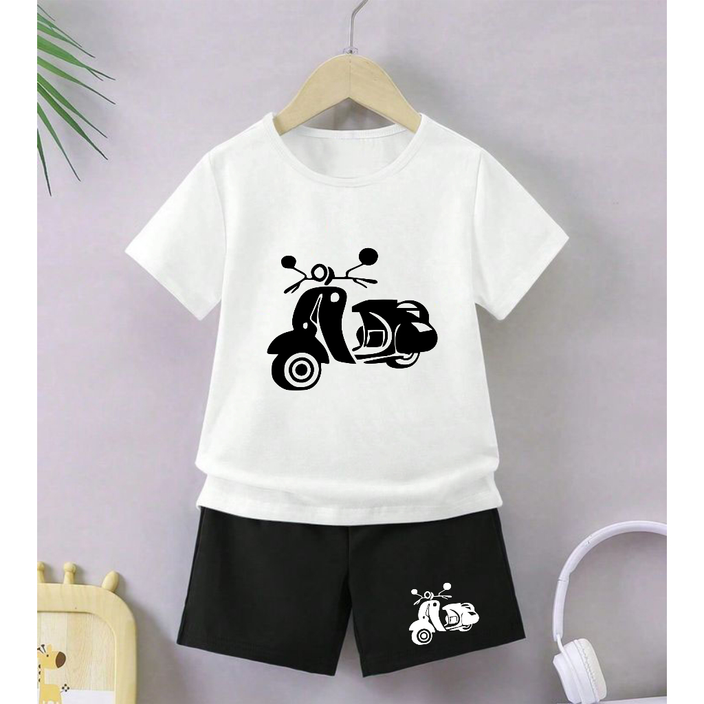 GG Setelan Anak Celana Hitam Cewek Cowok Gambar Vespa Scooter
