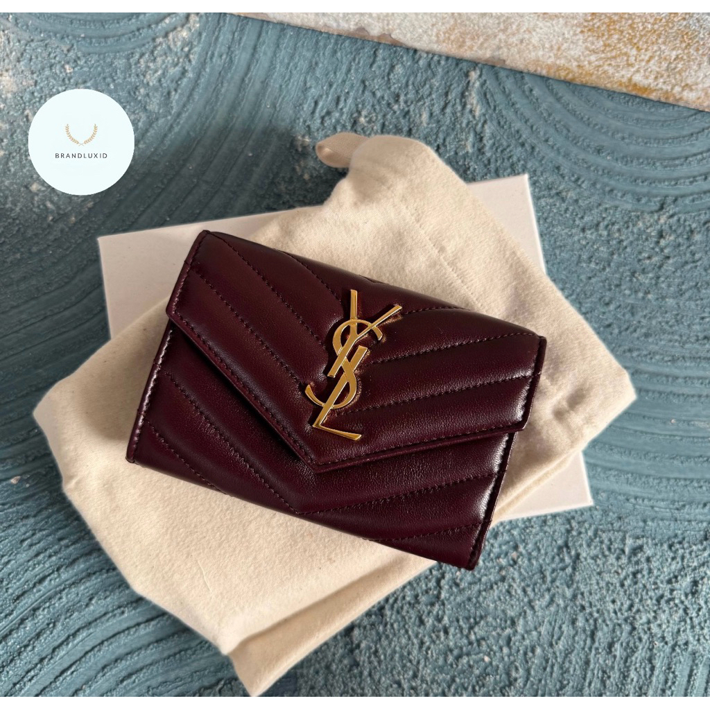 Saint Laurent YSL Envelope Small Wallet Chevron Burgundy GHW Calf Lambskin Leather
