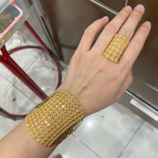 gelang plus cincin kerawang bulat bulat mewah elegant emas asli kadar 875 & 700