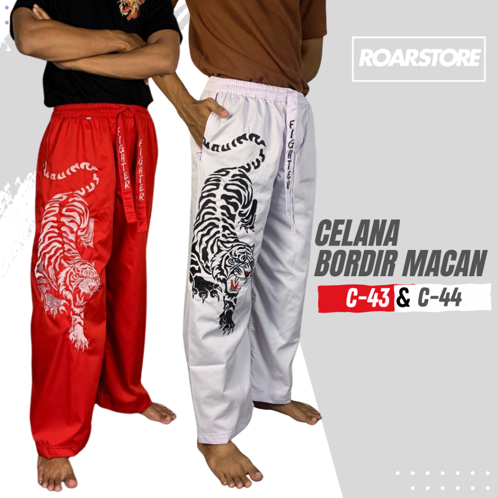 Celana Silat Hitam Komprang Bordir Bela Diri Tebal Panjang Motif Gambar Macan Harimau Fighter Pangsi