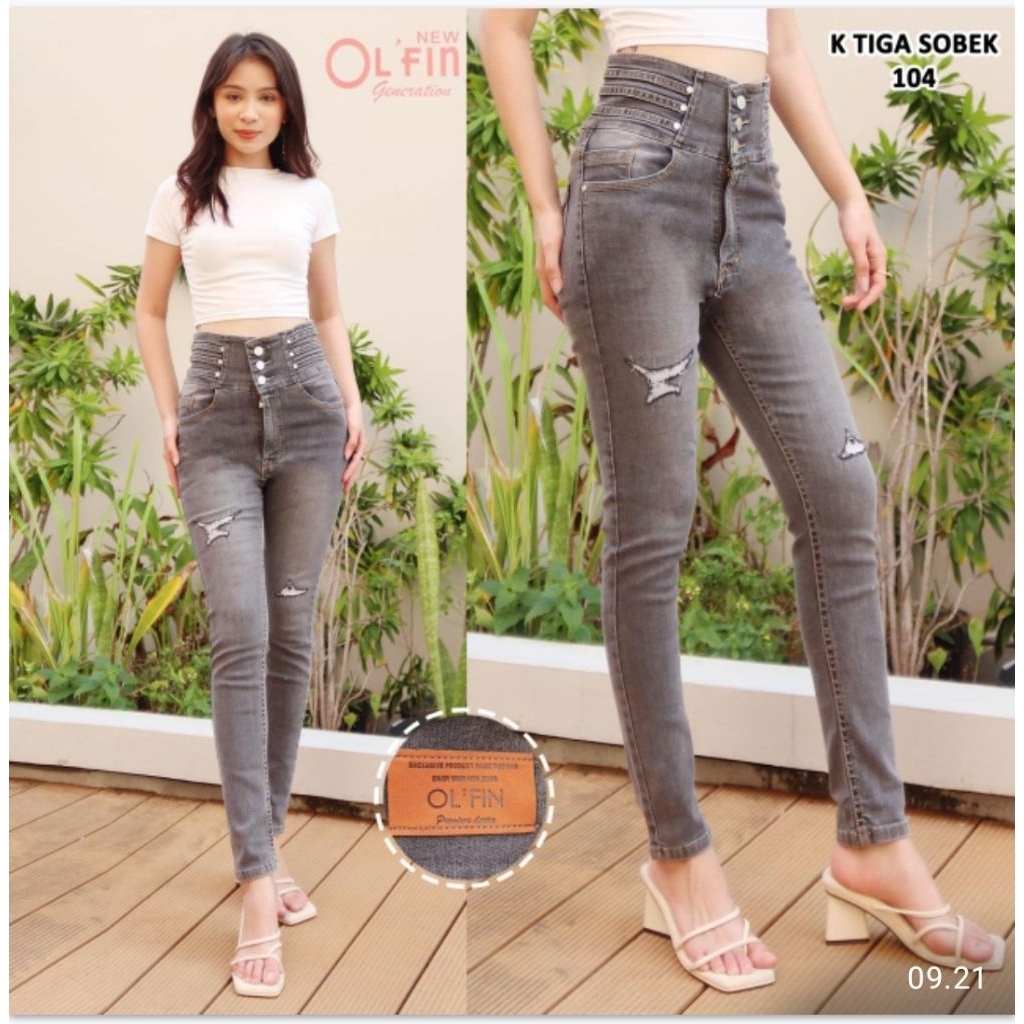 Celana Jeans Olfin Kancing 3 dan Skoder Sobek