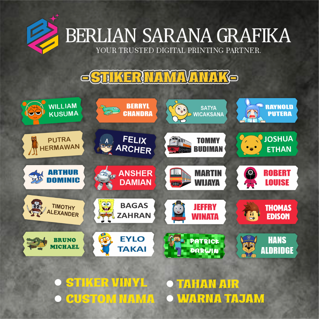 

STICKER NAMA CUSTOM VINYL A3+ TAHAN AIR + LAMINASI GLOSSY / DOFF (WATERPROOF) 1 PACK ISI 50pcs UKURAN 1.5 cm x 4 cm