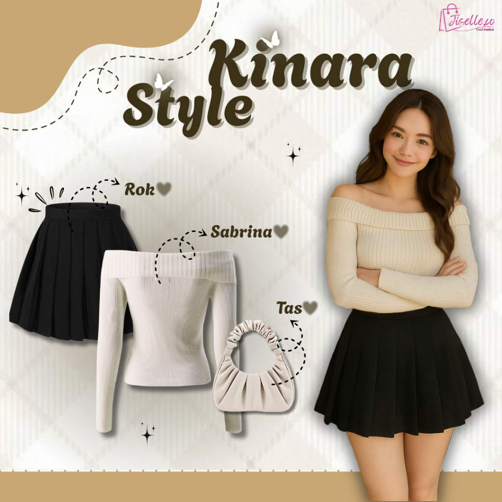 One Set Shoujo Outfit Kinara (Sabrina+Rok Pendek +Shoulder Bag) Outfit Sabrina Wanita Kekinian JC5R