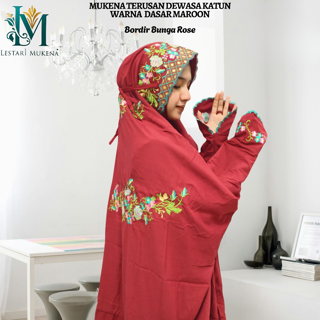 Mukena Terusan Dewasa Bahan Katun Polino Kain Dasar Warna Maroon Motif Bordir Bunga Rose