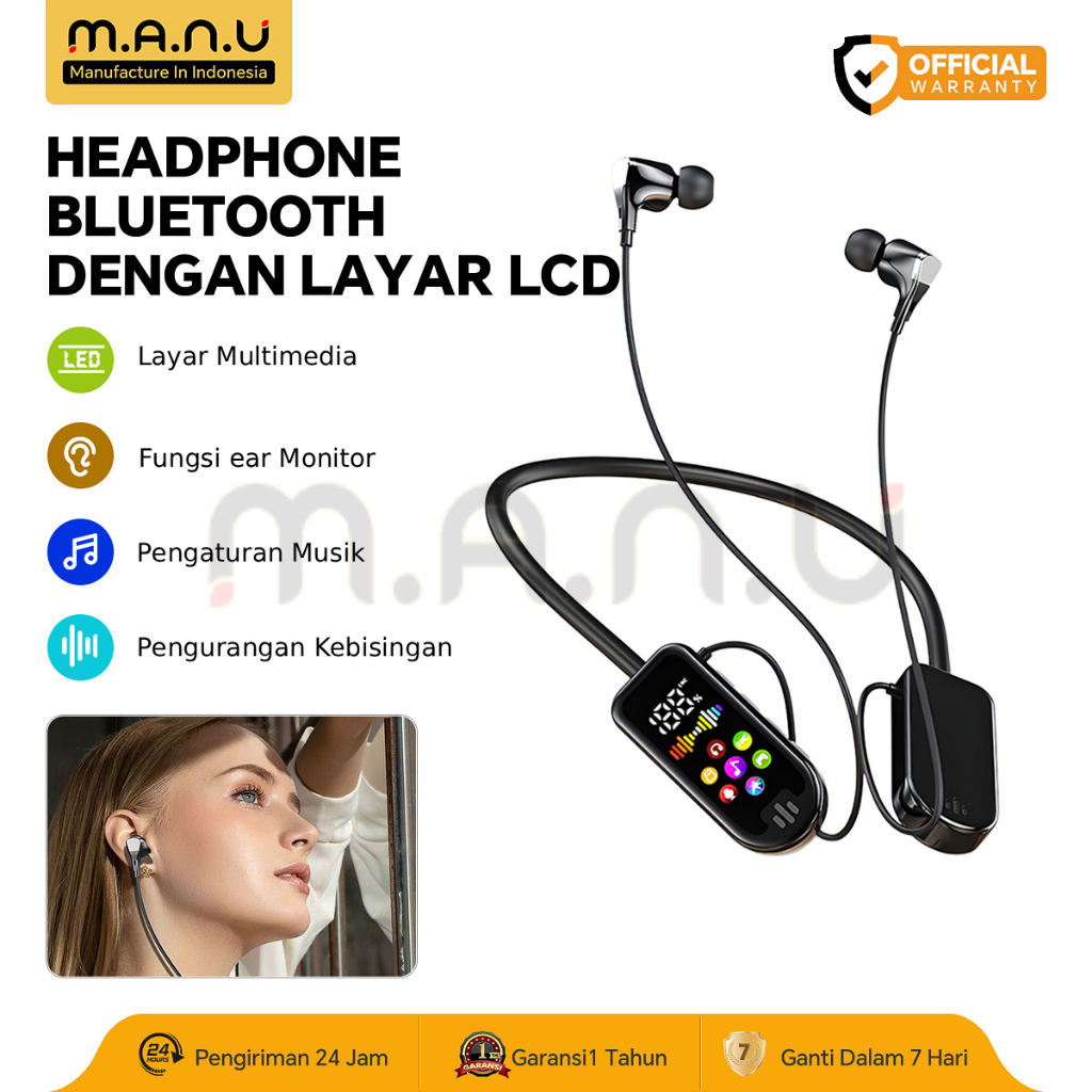 MANU Wireless Headphone Bluetooth 5.4 HD Screen Layar Multimedia Neckband Headset HiFi Stereo Noise 