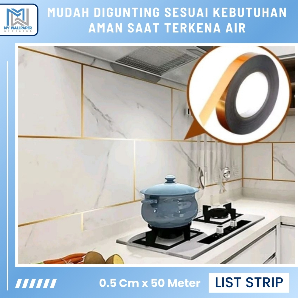 Stiker List Strip Dinding Stiker List Plat Dinding Keramik Gold Hitam Silver