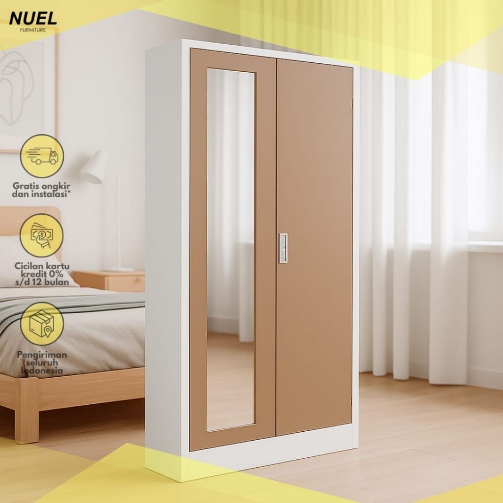 Lemari Pakaian Besi Warna Polos Pintu Ayun / Swing Cermin Kaca Murah WDS