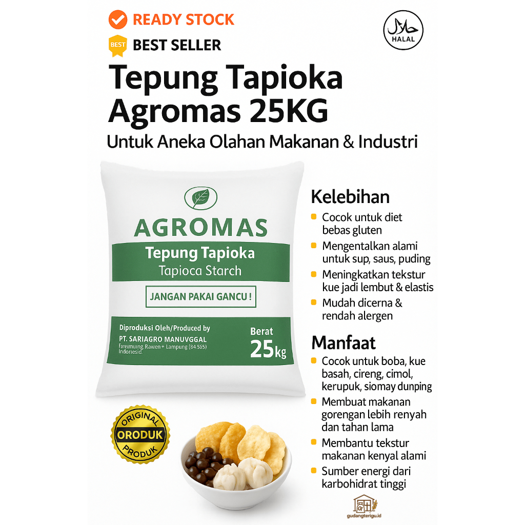 Tepung Tapioka Agromas 25KG Asli – Tepung Singkong / Tapioca Starch – Cocok Cireng Cimol Kerupuk Bob