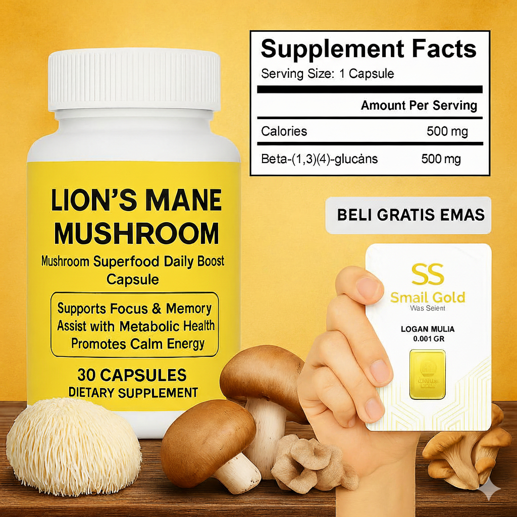 Lions Mane Mushroom 500mg original. Bantu fokus, konsentrasi & imun tubuh + GRATIS EMAS