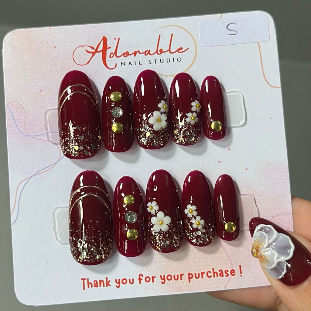 040 Kuku palsu | Fake nails | Press on nails | Nail art wedding merah maroon gold 3D chrome (almond)