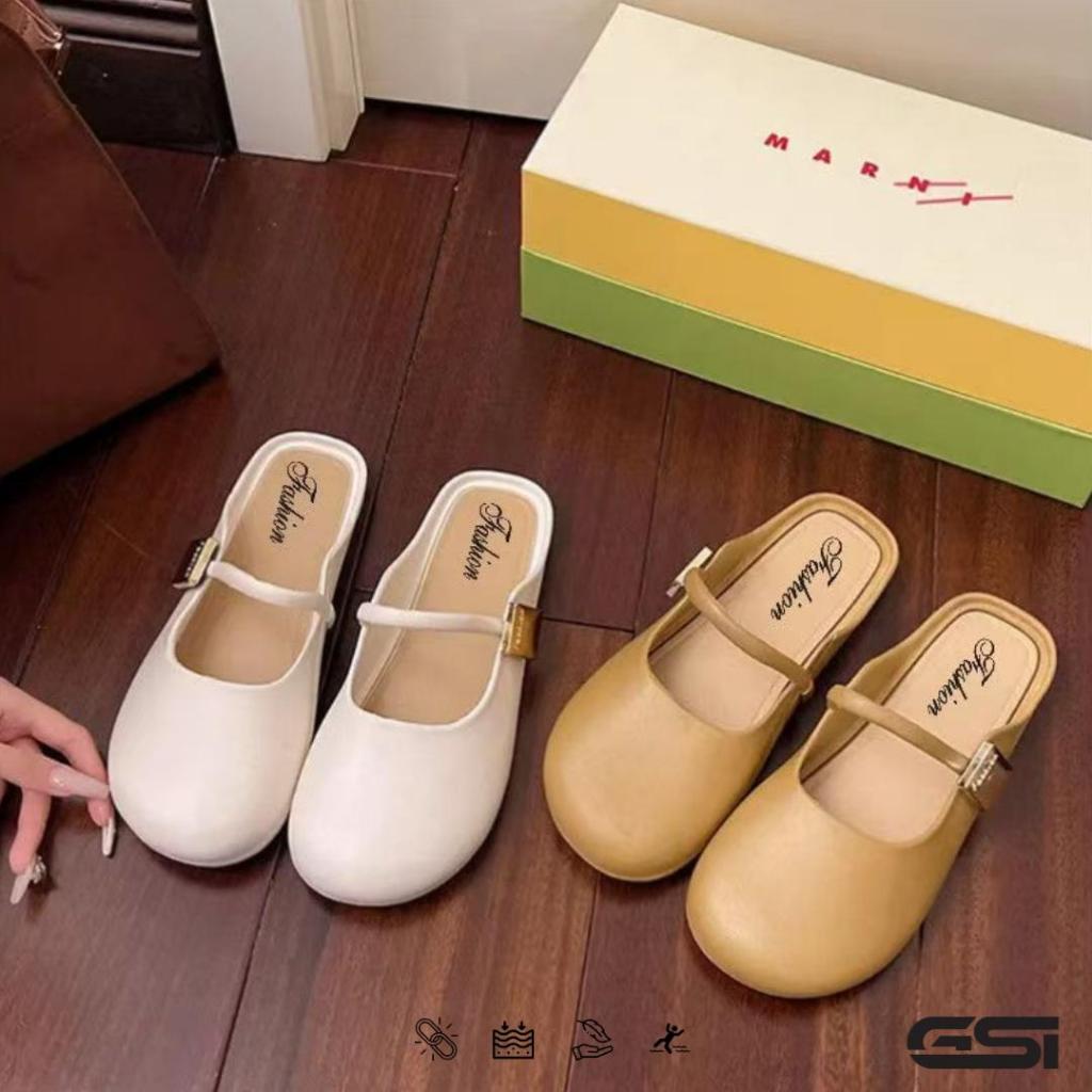 GSI Shoes - Sepatu Sandal Flat Wanita Korean Style Bahan Karet PCU Elastis Gaya Fashion Simple Size 