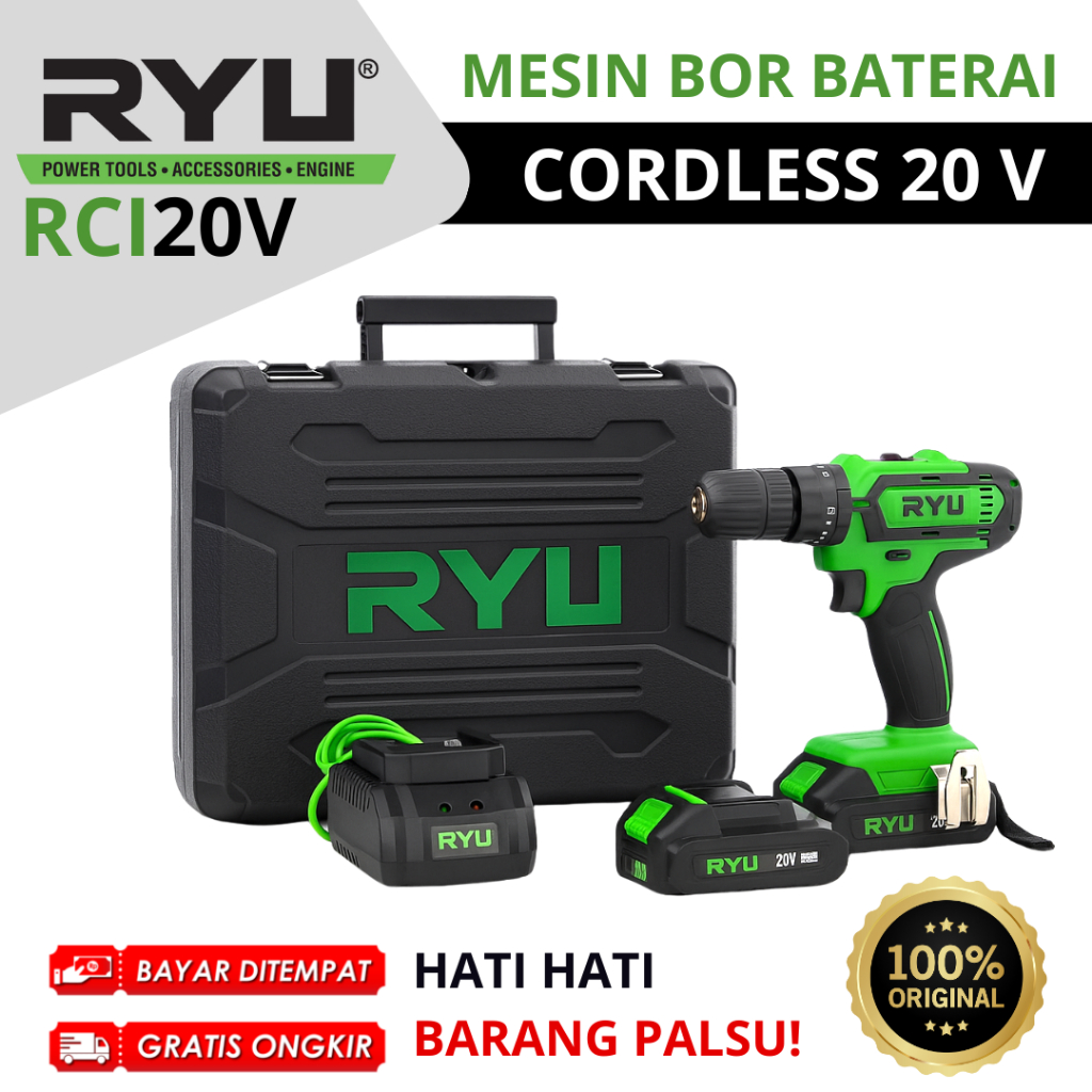 RYU RCI 20V Mesin Bor Baterai Charger Set Cordless Impact Drill Bor Cas Tangan 2 Batrei Beton