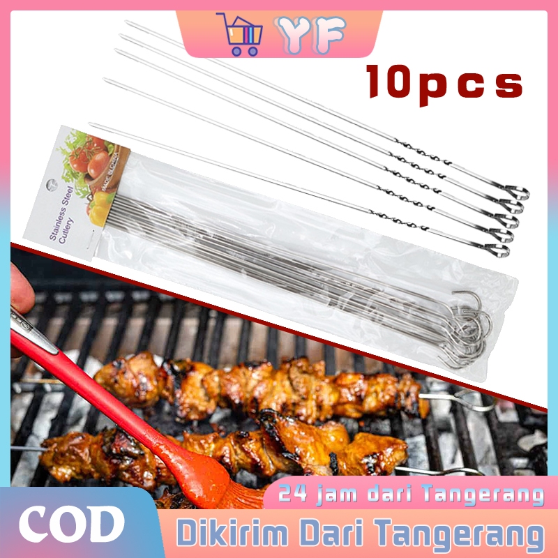 10Pcs Tusuk Sate BBQ Stainless Tusuk Rata Bulat Tusuk Alat Tusuk Sate Bbq Bahan